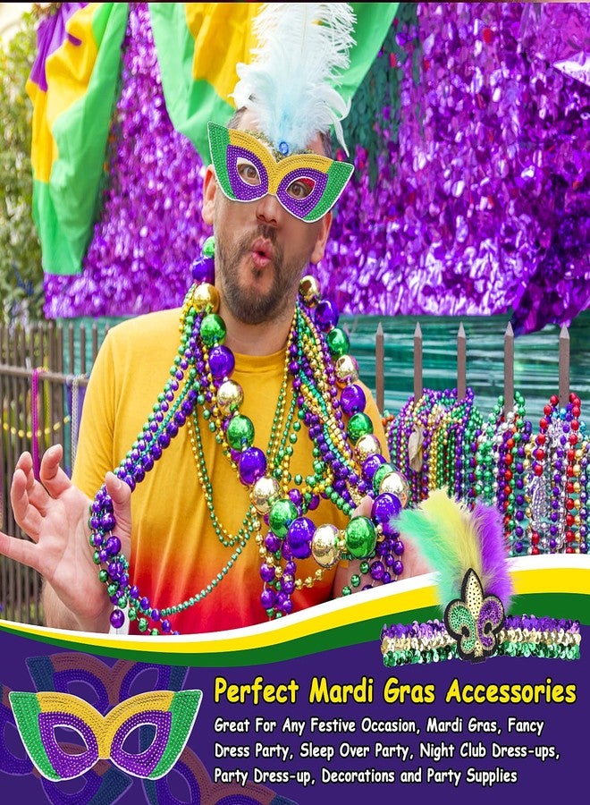 سيلفتك مجموعة قلادات خرز ماردي غرا جامبو من سيلف تيك، مع عصابة رأس وقناع ماردي غرا، خرز ماردي غرا بالجملة، إكسسوارات حفلات تنكرية للكرنفالات للنساء (15 قطعة) - Image 4